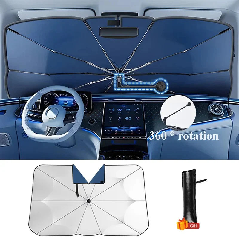 360° Rotating Car Sunshade Umbrella – UV Protection Windshield Cover with Bendable Handle