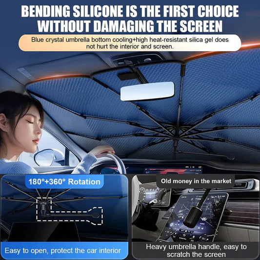 360° Rotating Car Sunshade Umbrella – UV Protection Windshield Cover with Bendable Handle